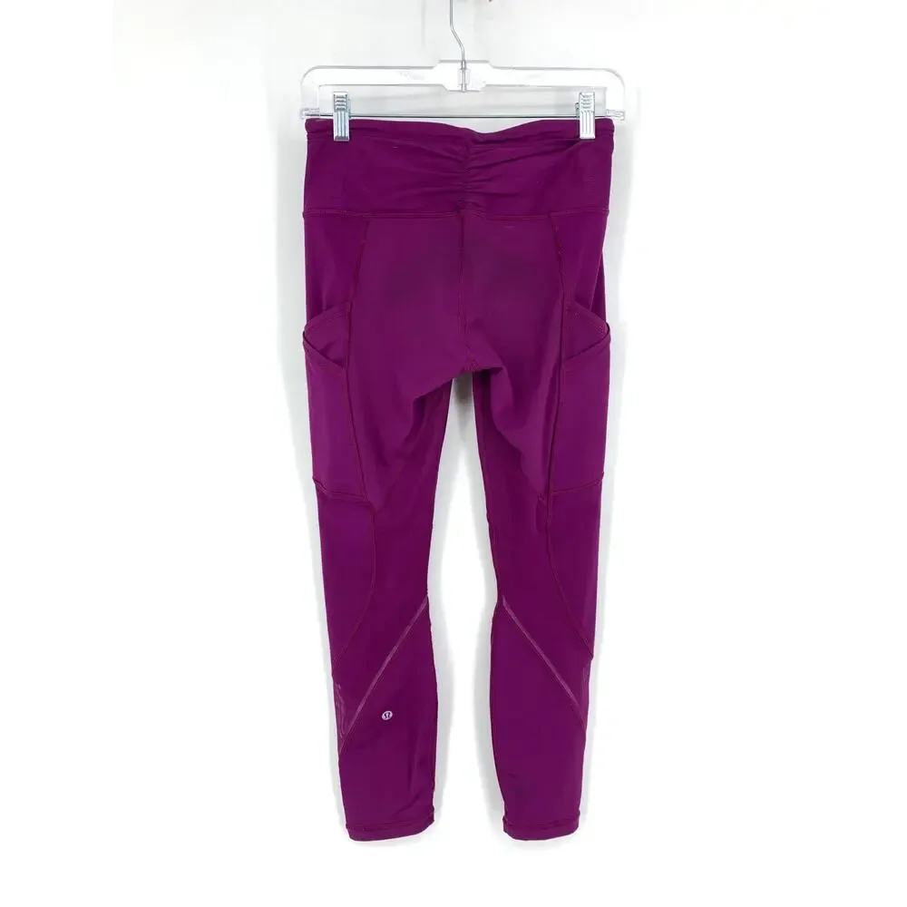 Lululemon Tight Active Leggings Women's Size 6 Side Pockets Fuschia Ruched Waist